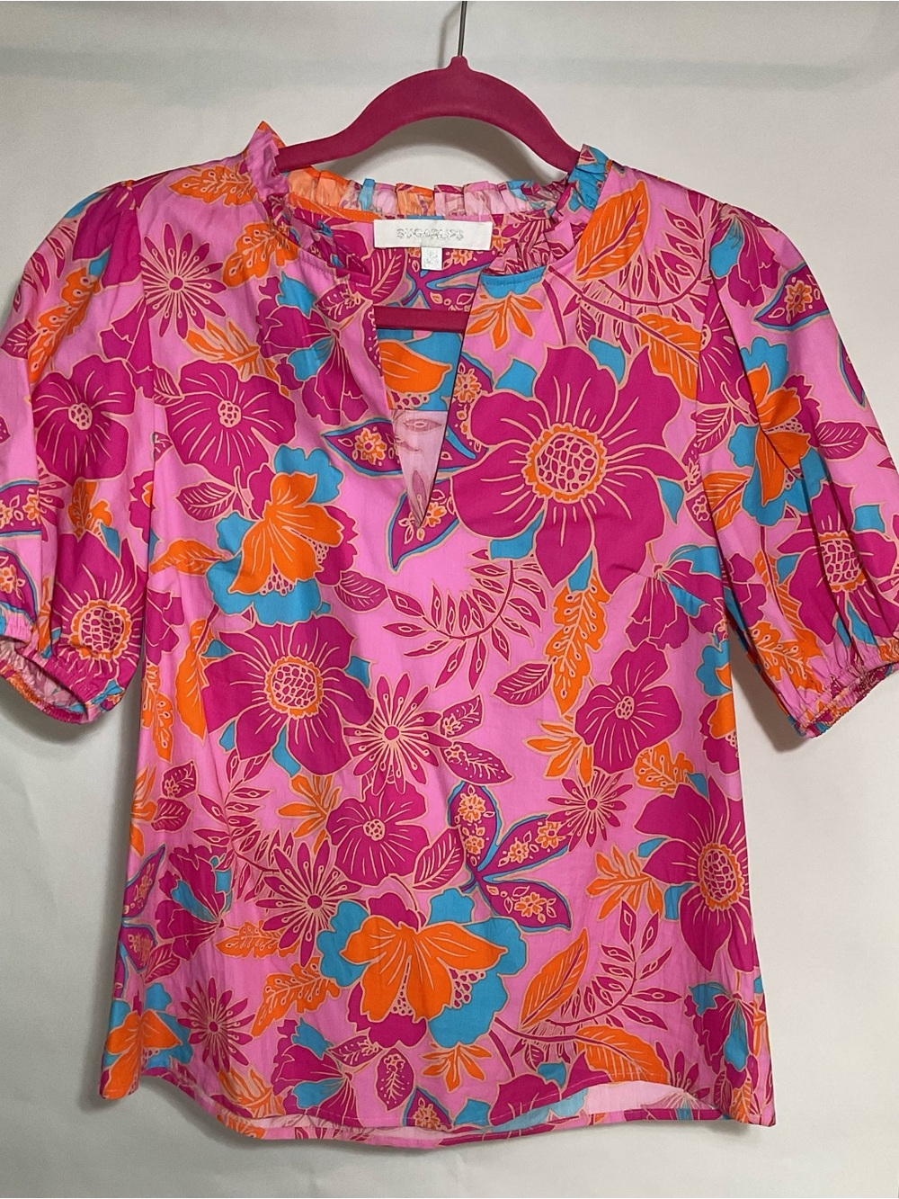 Sugarlips Pink Floral Short Sleeve Blouse with Orange & Teal Accents